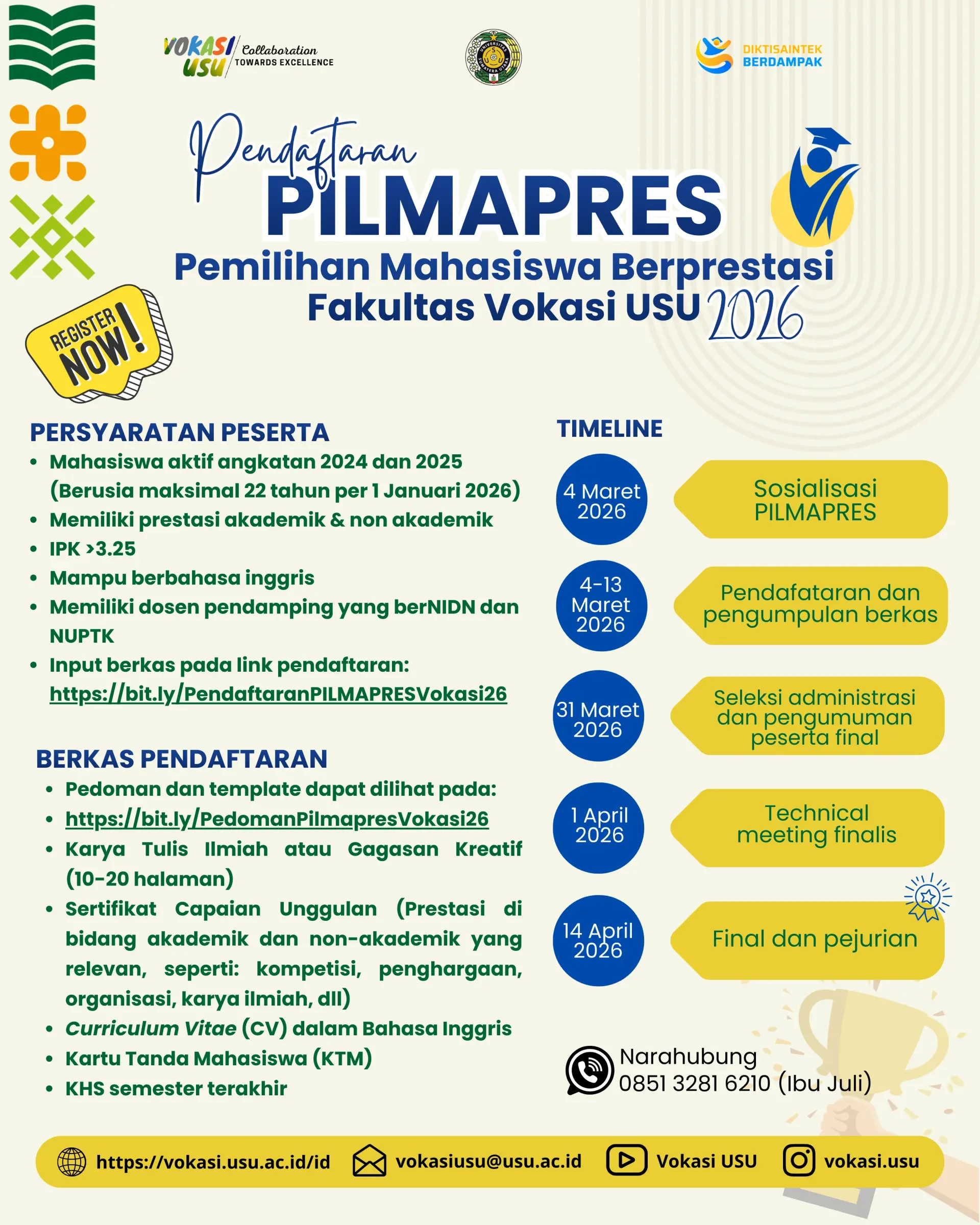 Registration for PILMAPRES (Outstanding Student Selection) Faculty of Vocational Education, Universitas Sumatera Utara 2026